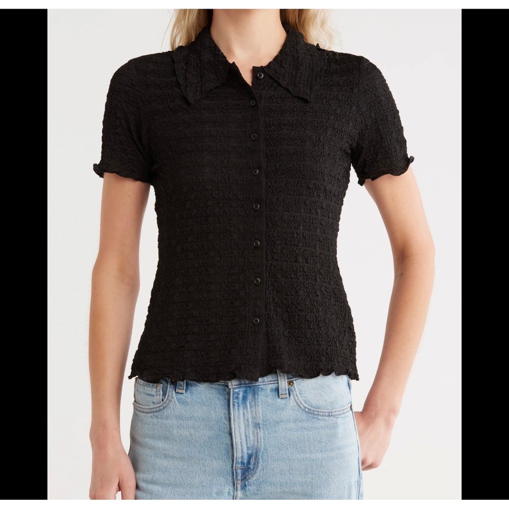 Vince Smocked Short Sleeve Button Up Shirt black S minimalist academia preppy